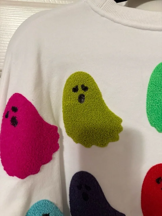 QUEEN OF SPARKLES White Crewneck Sweatshirt with Multicolor Ghost  size XL - Picture 4 of 5